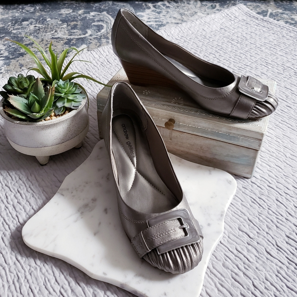 Genuine Leather Low Wedge Pumps - Andrew Geller